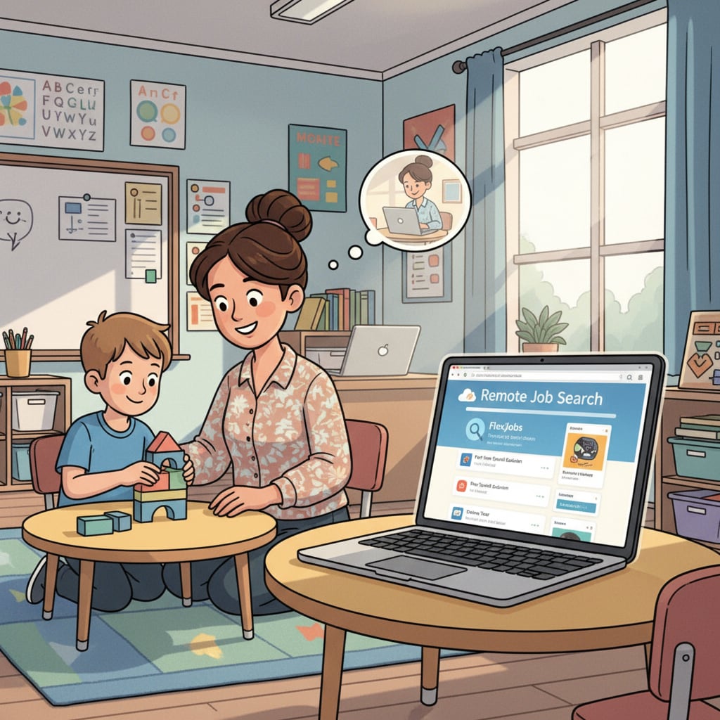 A special education teacher is engaged with a student in a classroom setting. There is a laptop nearby, and the screen shows websites related to remote job searching. This depicts the teacher's potential to explore remote part-time opportunities while fulfilling their regular teaching duties. A special education teacher looking for remote part-time job opportunities while teaching a student.