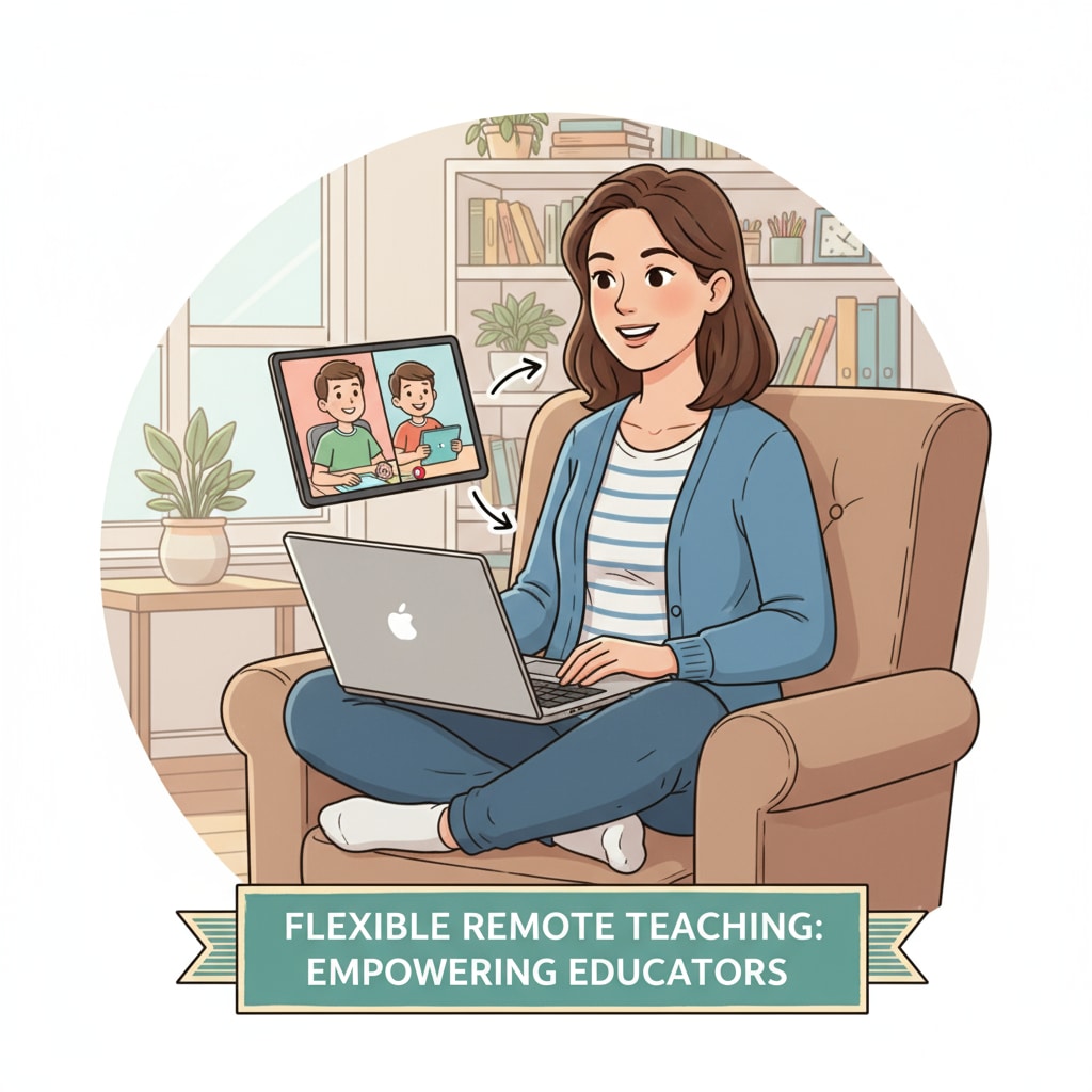 A special education teacher is sitting comfortably at home, using a computer to conduct a remote teaching session with a student. The setup showcases the convenience and flexibility of remote part-time work for educators. A special education teacher engaged in remote part-time teaching.