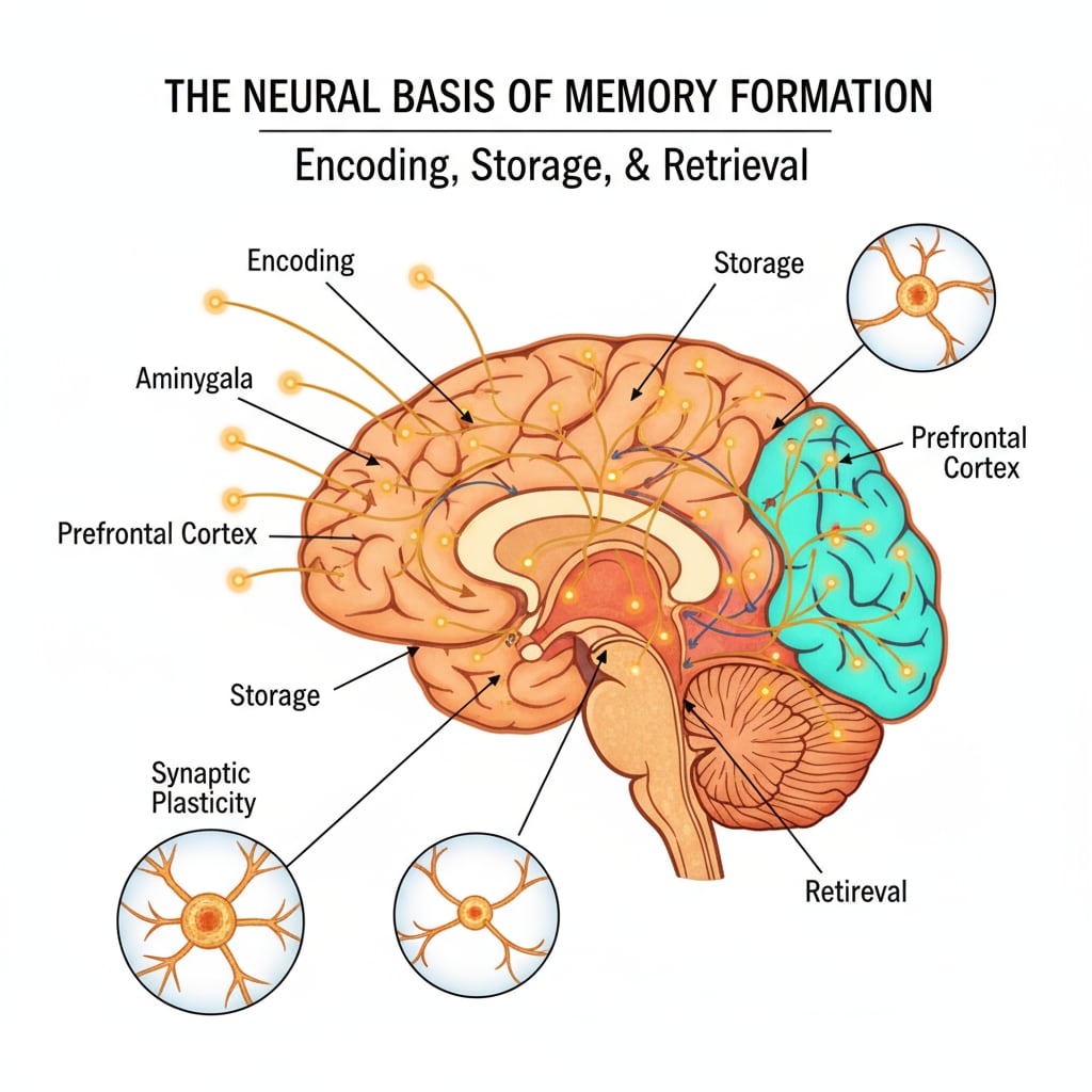 A detailed diagram of the brain with highlighted areas related to memory formation, showing how neural connections are involved in encoding, storage, and retrieval of information. Brain diagram for understanding the scientific basis of photographic memory, memory development, and memory enhancement.