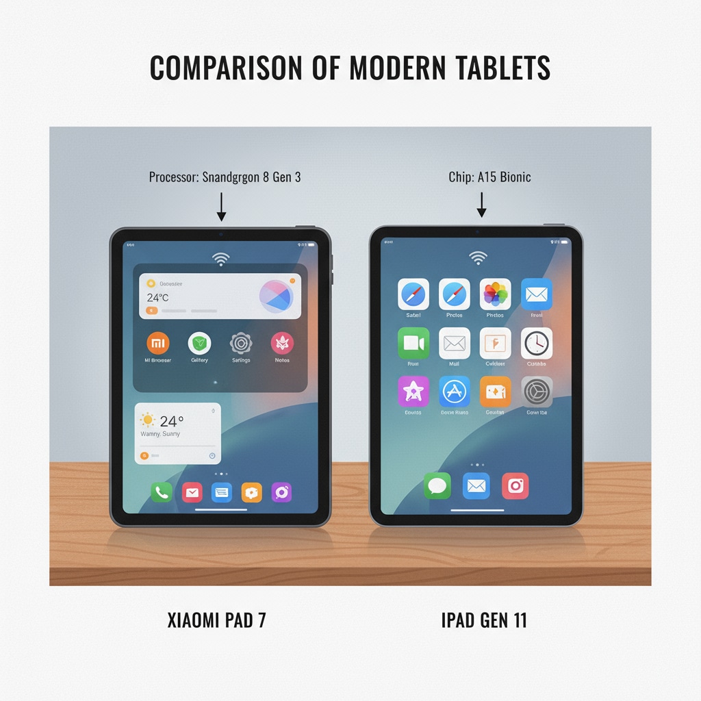 Two tablets, Xiaomi Pad 7 and iPad Gen 11, are placed side by side on a wooden table. The tablets are in standby mode, showing their home screens. The lighting is soft, highlighting the tablets' details. Comparison of Xiaomi Pad 7 and iPad Gen 11 for tablet selection based on learning needs and device contrast