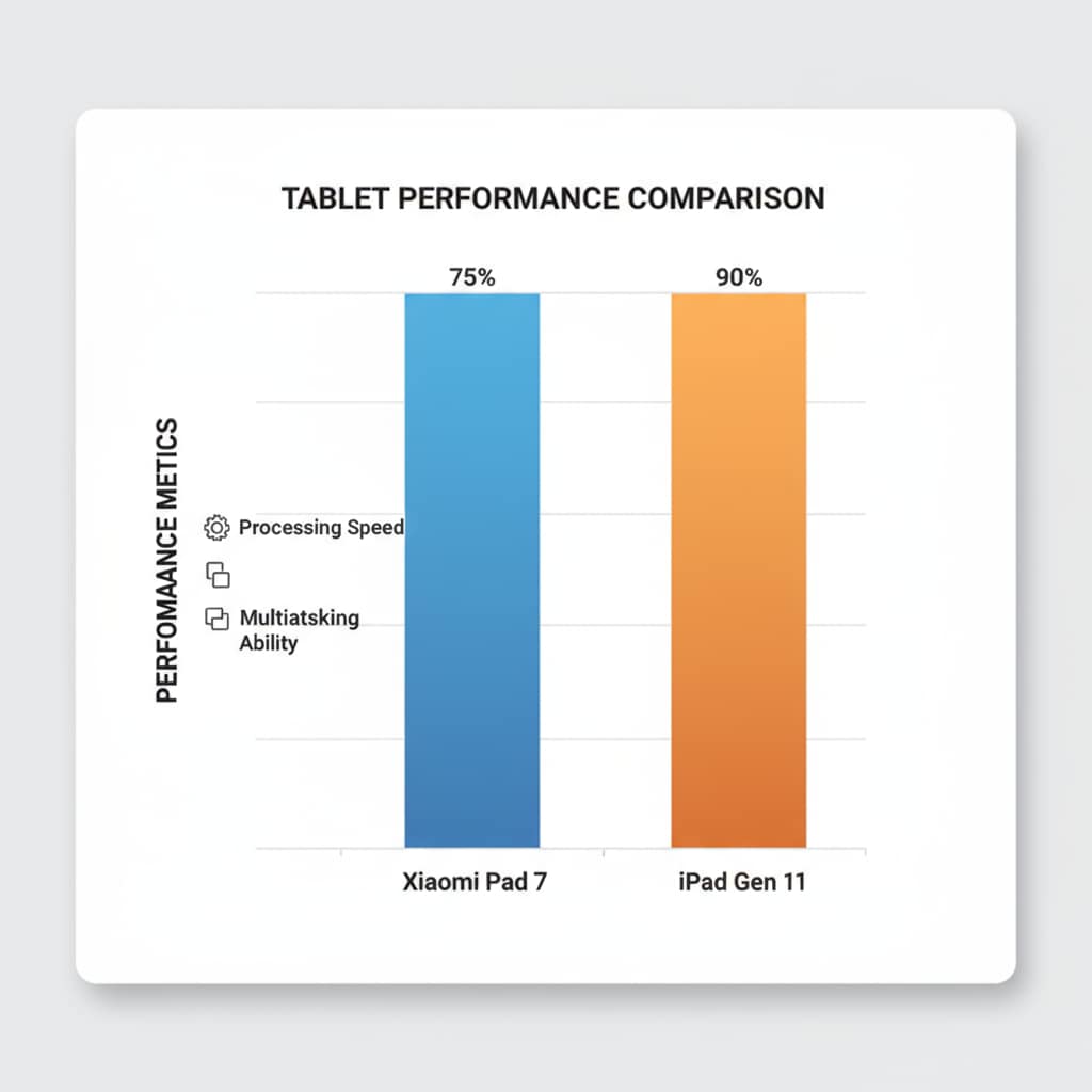 A bar graph is presented with two bars representing Xiaomi Pad 7 and iPad Gen 11. The y-axis shows performance metrics such as processing speed and multitasking ability, while the x-axis shows the tablet models. Performance comparison of Xiaomi Pad 7 and iPad Gen 11 for tablet selection considering learning needs and device contrast