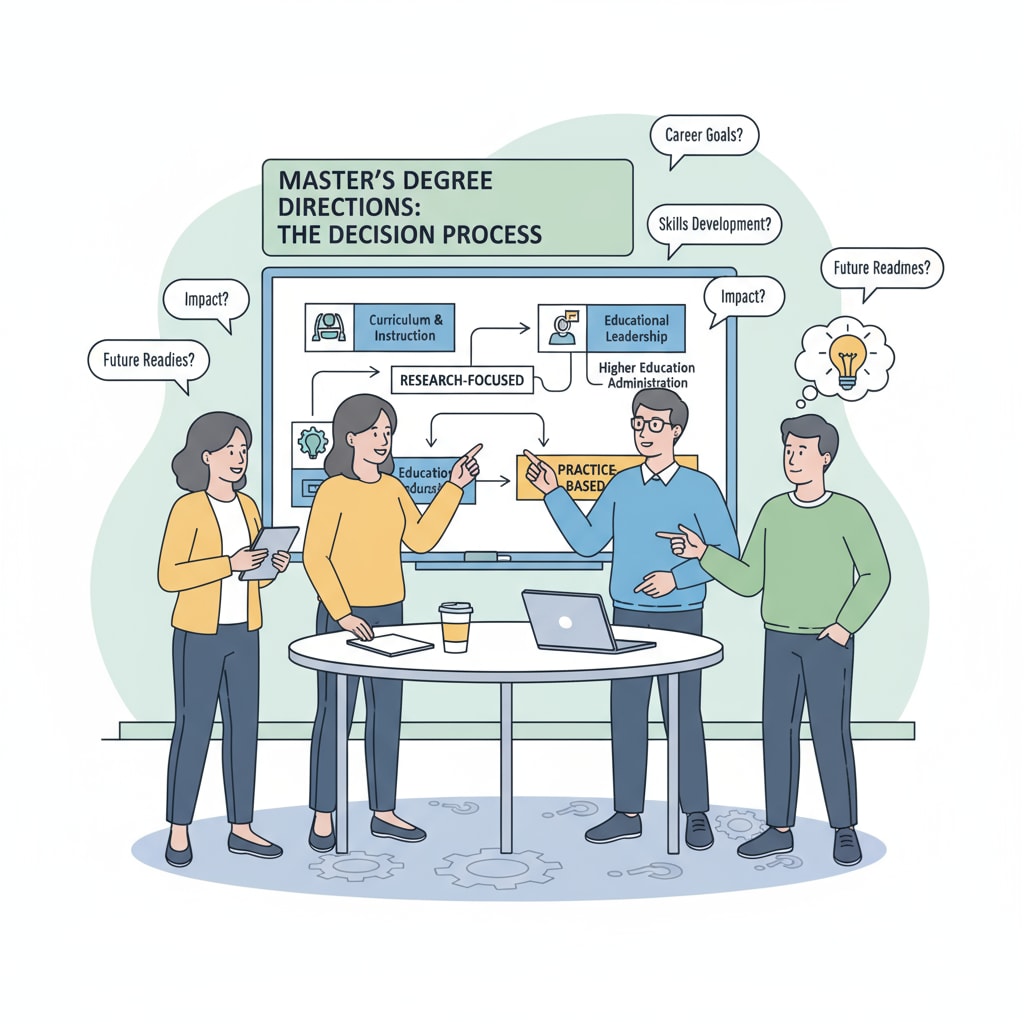 This image depicts educators engaged in a discussion about different educational master's degree directions within a classroom setting, highlighting the decision - making process. Educators discussing educational master's degree directions related to career development and curriculum design