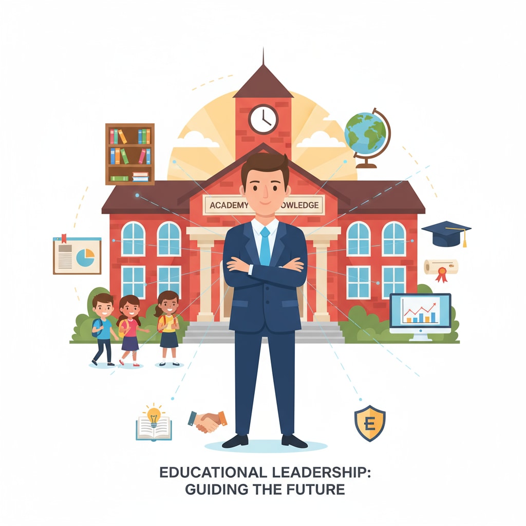A person dressed in a suit, symbolizing an educational leader, stands in front of a school, representing the role and responsibilities in educational leadership. An educational leader in front of a school, associated with career development in educational master's degree
