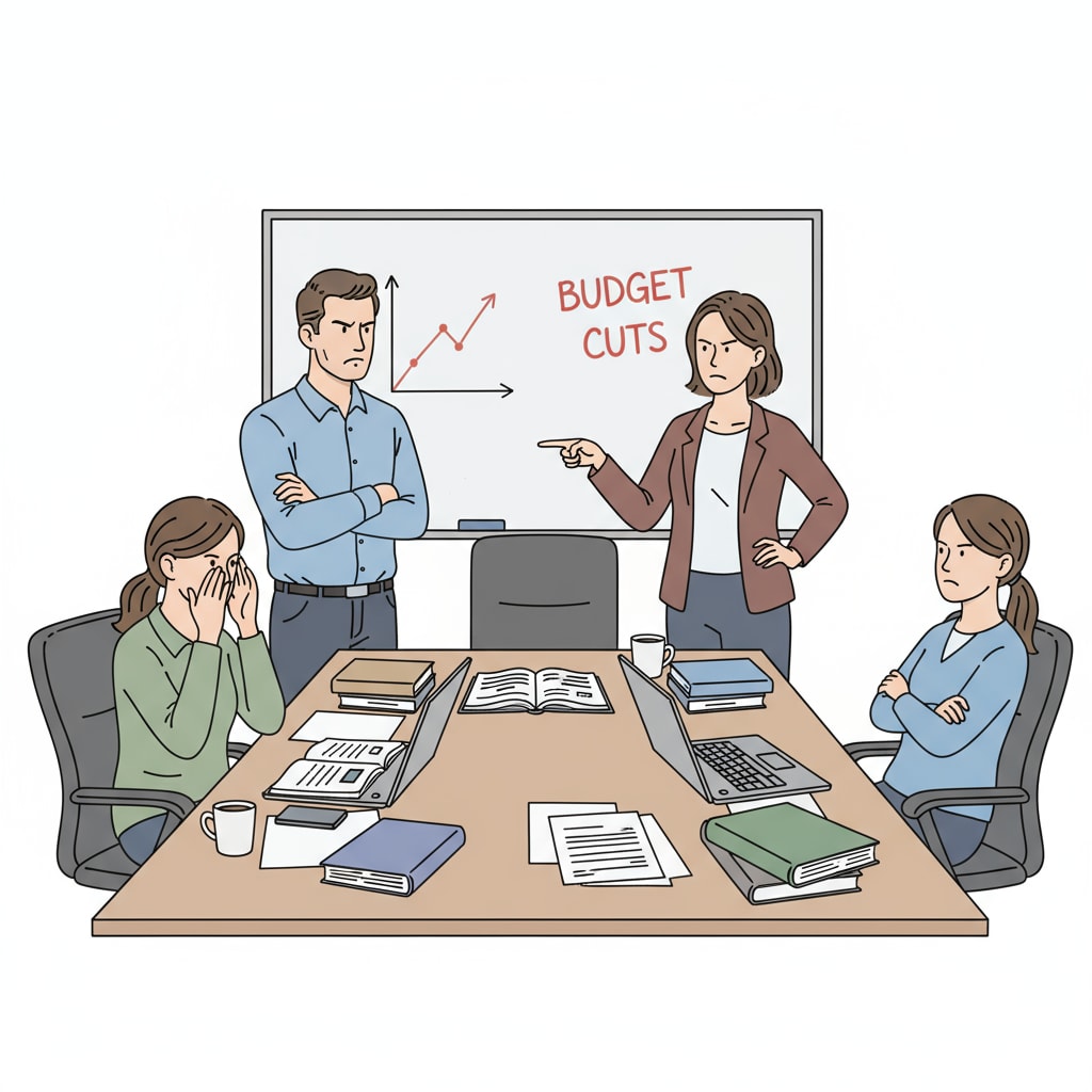 A group of teachers in a meeting room with tense expressions on their faces, indicating a conflict situation. A group of teachers facing conflicts in a meeting room.
