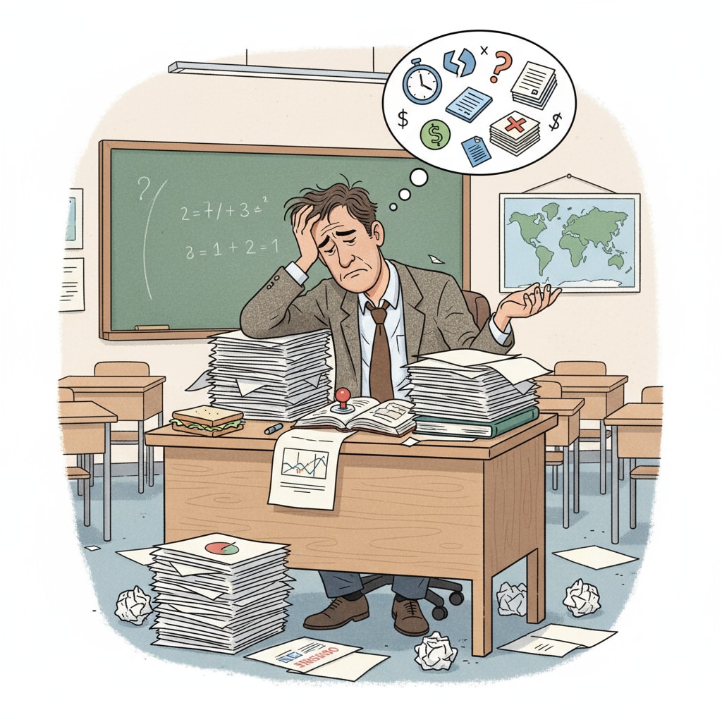 A teacher sitting at a desk, looking frustrated with papers scattered around, symbolizing the stress caused by workplace issues. A frustrated teacher at a desk due to workplace problems.