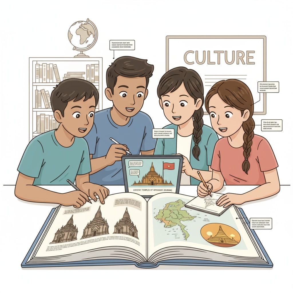 A group of students are gathered around, looking intently at pictures of ancient temples in Myanmar, showing their curiosity about the country's cultural heritage. Students exploring Myanmar's ancient temple cultural heritage