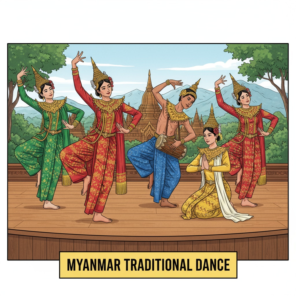A group of traditional Myanmar dancers are performing on a stage, wearing colorful costumes and demonstrating the unique dance movements that are part of the country's cultural heritage. Traditional Myanmar dance performance as a part of cultural heritage