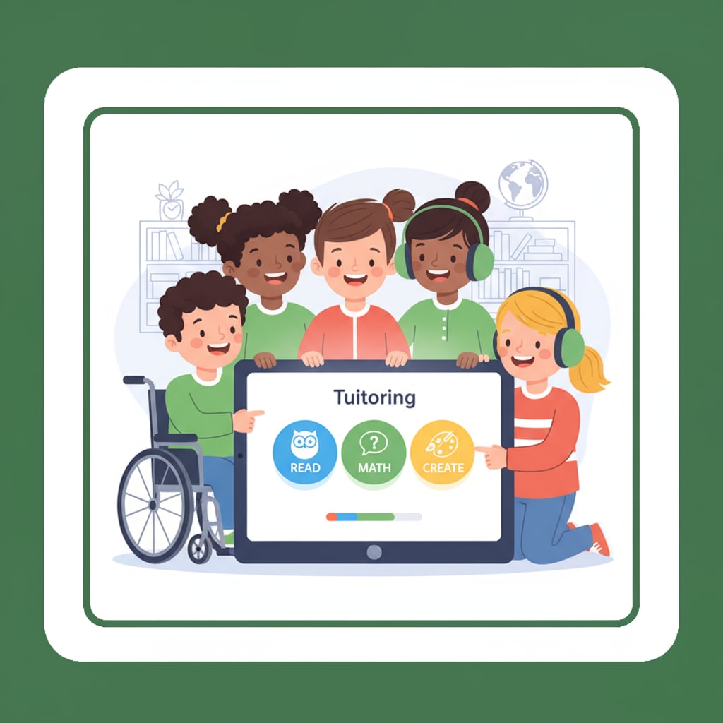 A group of children with special needs are gathered around a tablet. The tablet screen shows an interface of a tutoring app, with colorful icons and simple navigation elements. Children with special needs interacting with a tutoring app interface