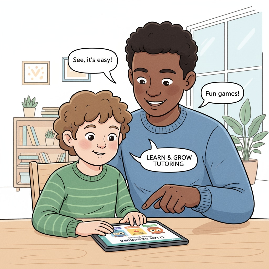 A parent and a child with special needs are sitting at a table. They are looking at a mobile device, and the parent is pointing at the screen while discussing the features of a tutoring app with the child. Parent and child with special needs discussing tutoring app features