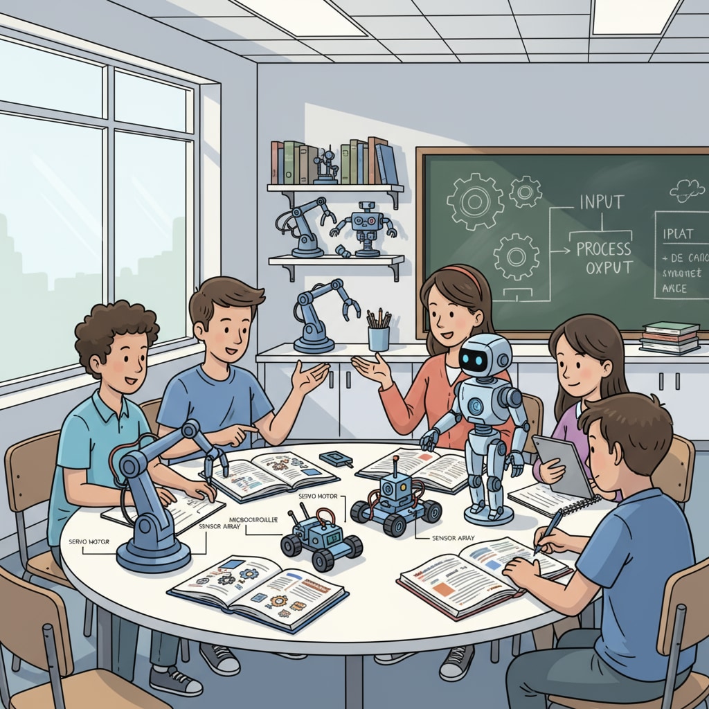 A group of students are engaged in a discussion about robotic projects in a classroom setting, with various robotic models and textbooks visible. Students discussing robotic projects in a classroom related to robotic master's degree, study abroad, and education costs