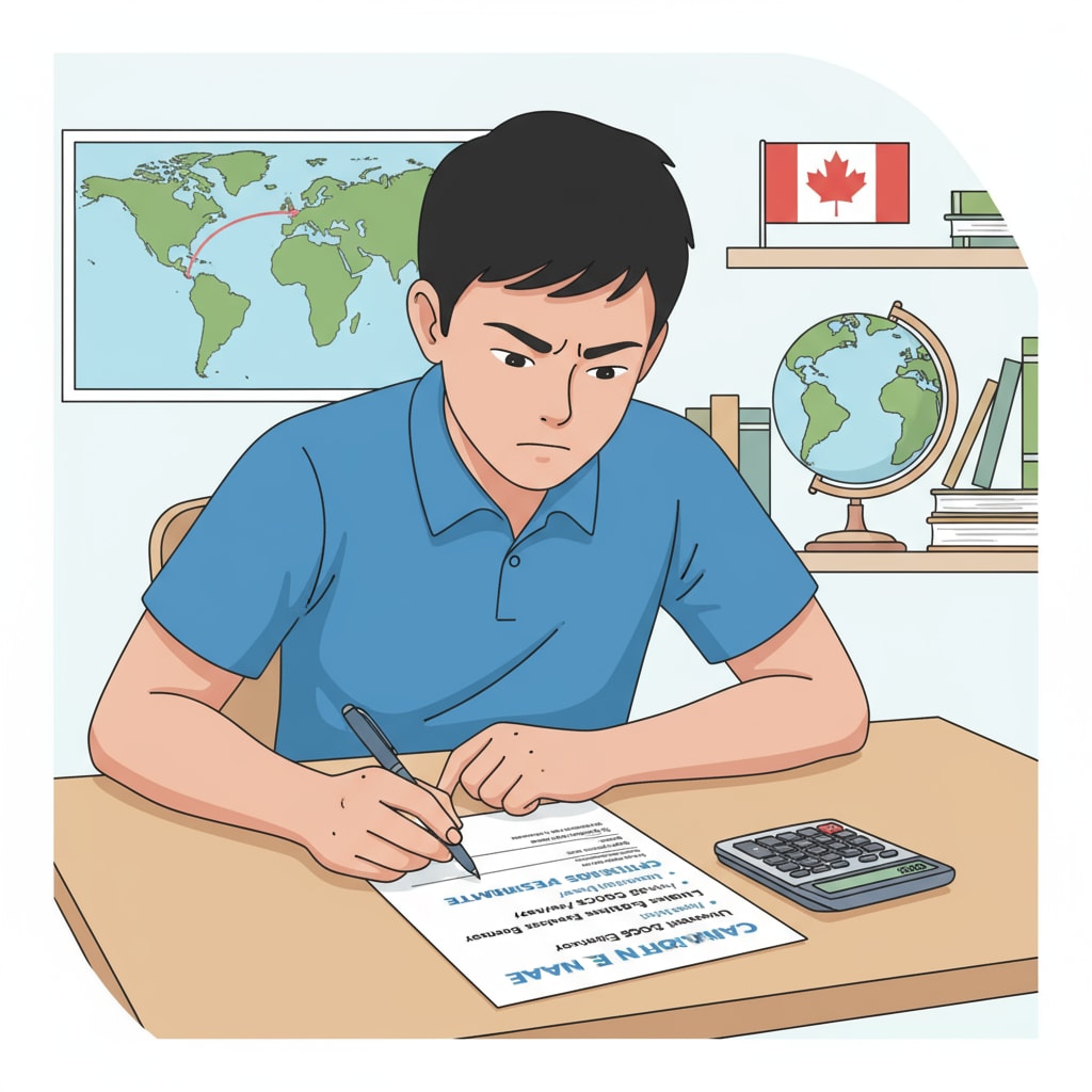 A Filipino student is sitting at a desk, looking intently at a document showing tuition fee details for studying in Canada, with a calculator beside. Filipino student reviewing tuition fee details in Canada relevant to robotic master's degree, study abroad, and education costs