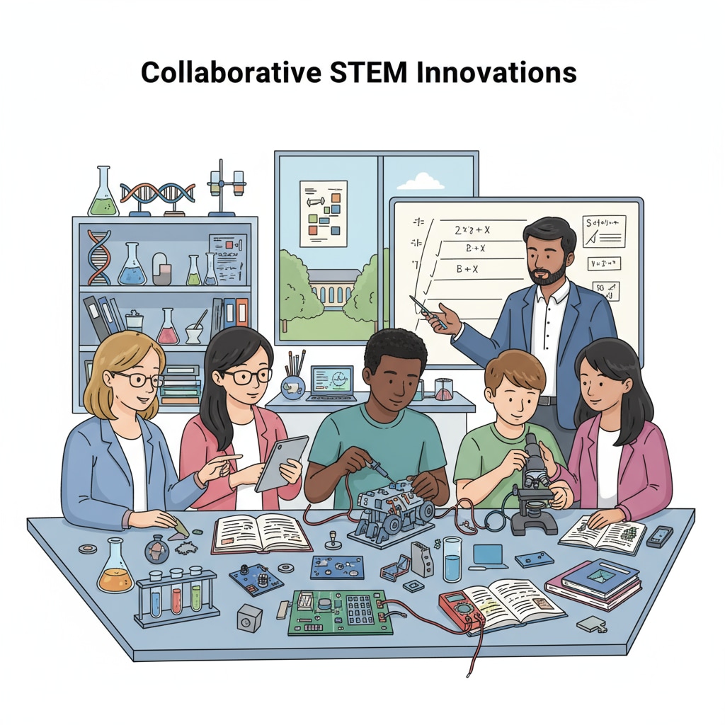 A group of students and teachers from different backgrounds collaborating on a STEM project, with various STEM tools and materials around them. Students and teachers collaborating in a STEM education partnership