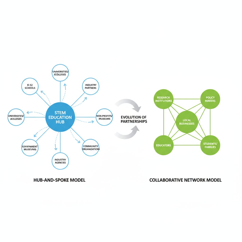 A visual diagram showing the hub-and-spoke model with a central hub and multiple spokes representing different partners, and the collaborative network model with equal connections among partners in STEM education partnerships. Visual representation of collaboration models in STEM education partnerships