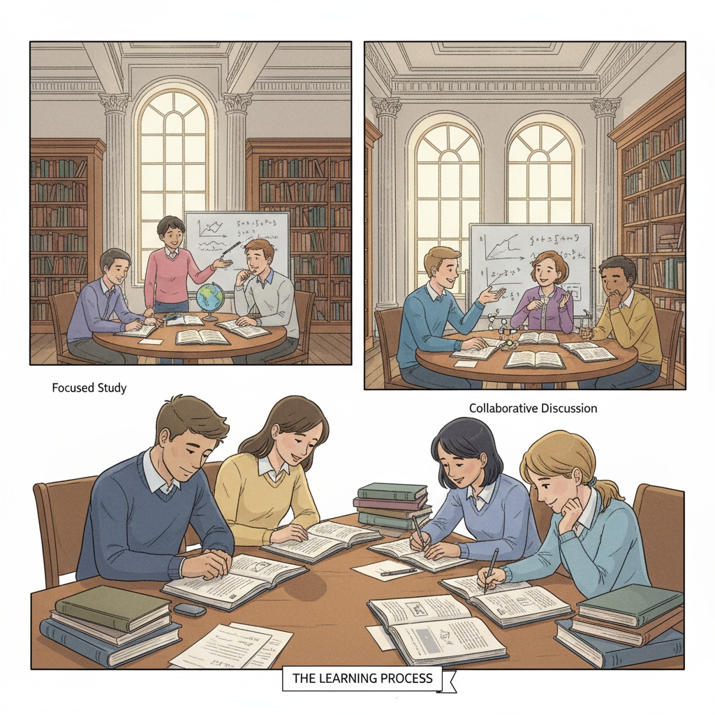 A group of students are sitting at tables in a library, some are deeply focused on their books, while others are discussing ideas. This shows the different levels of engagement in the learning process. Students engaged in learning activities related to learning comprehension, intellectual development, and educational paths
