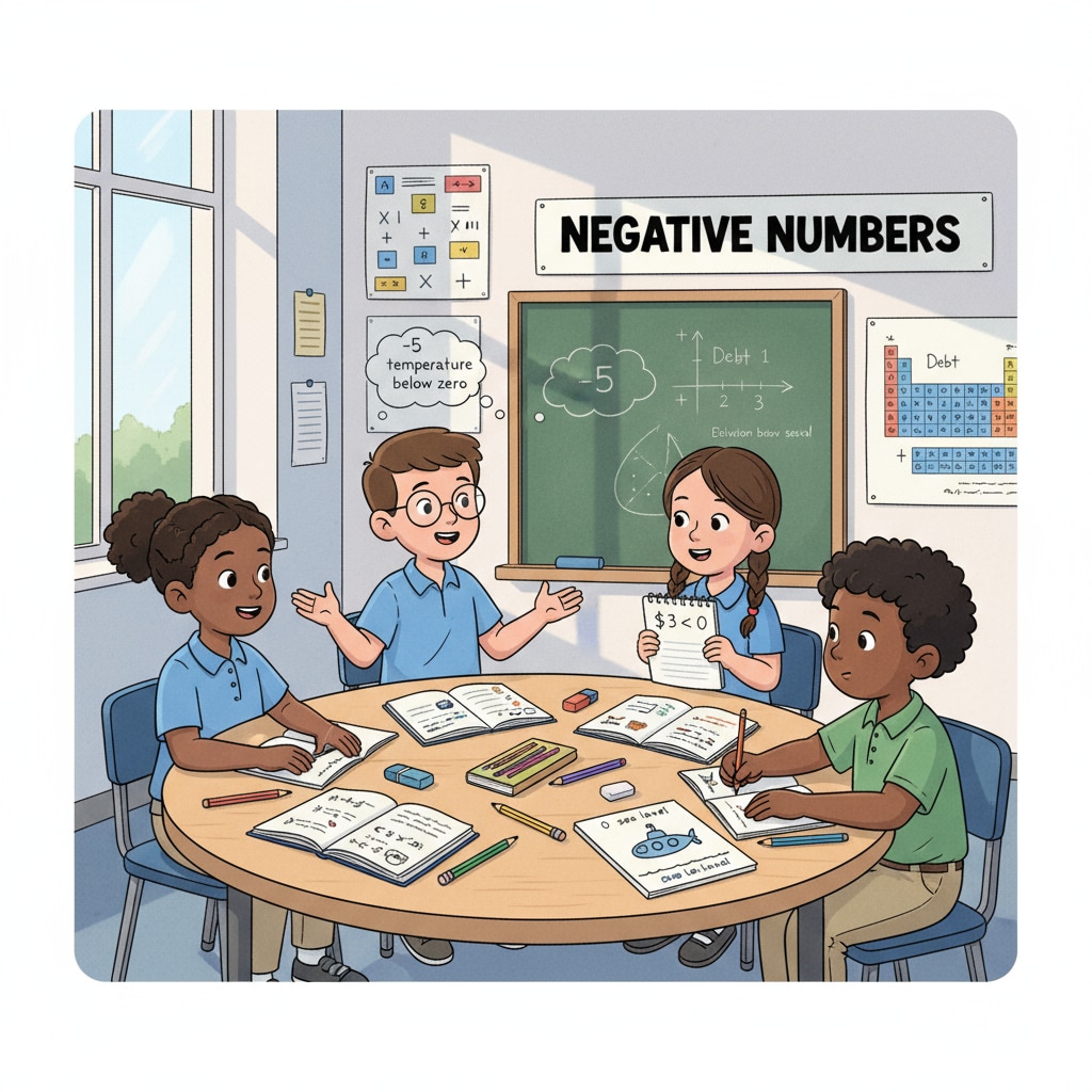 A classroom scene where fourth graders are engaged in a math discussion about negative numbers. There are notebooks and pencils on their desks, and they are animatedly sharing their thoughts. Fourth graders in a classroom discussing negative numbers as part of their mathematical understanding