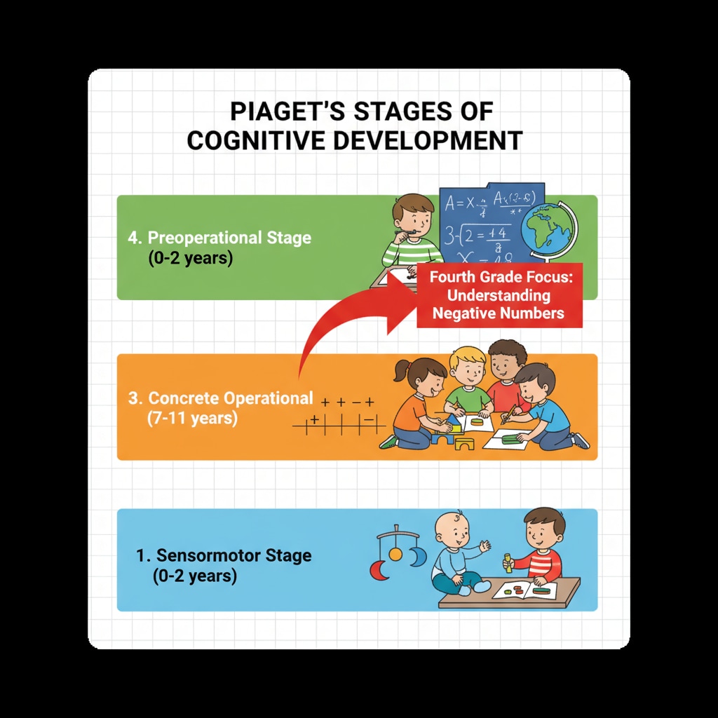 A visual representation of Piaget's stages of cognitive development, with an arrow highlighting the stage relevant to fourth graders and their approach to understanding negative numbers. Illustration of Piaget's stages of cognitive development related to fourth graders' mathematical understanding of negative numbers