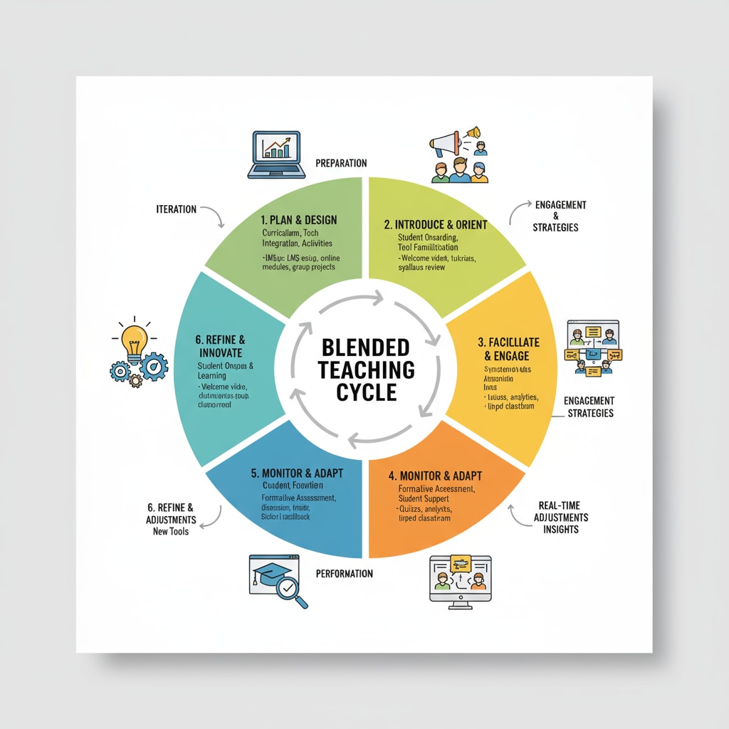 An illustration depicting the detailed process of each step in the Blended Teaching Cycle Theory, including examples and interactions. Detailed illustration of the Blended Teaching Cycle Theory steps