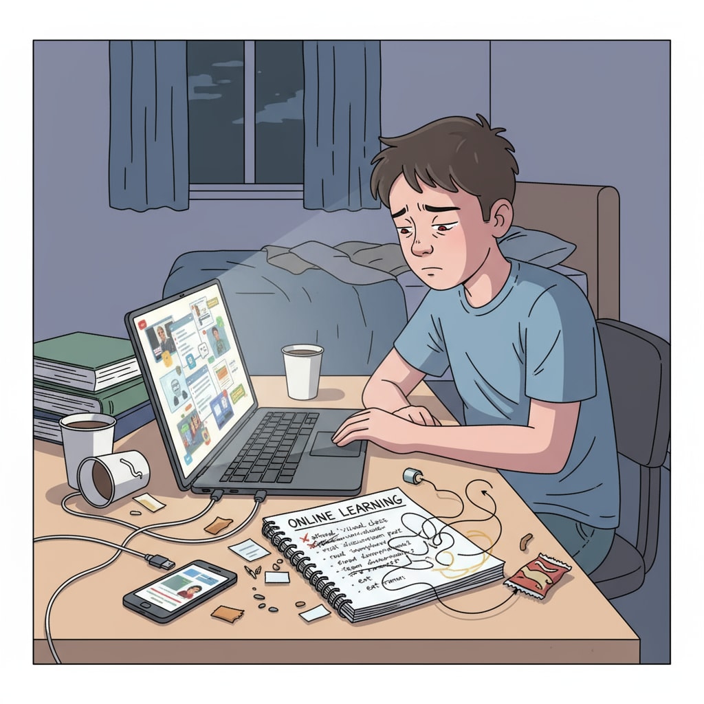 A teen sitting at a desk, looking at a laptop screen with a to-do list beside, representing online learning struggles A teenager facing challenges in online learning, related to mental health and procrastination