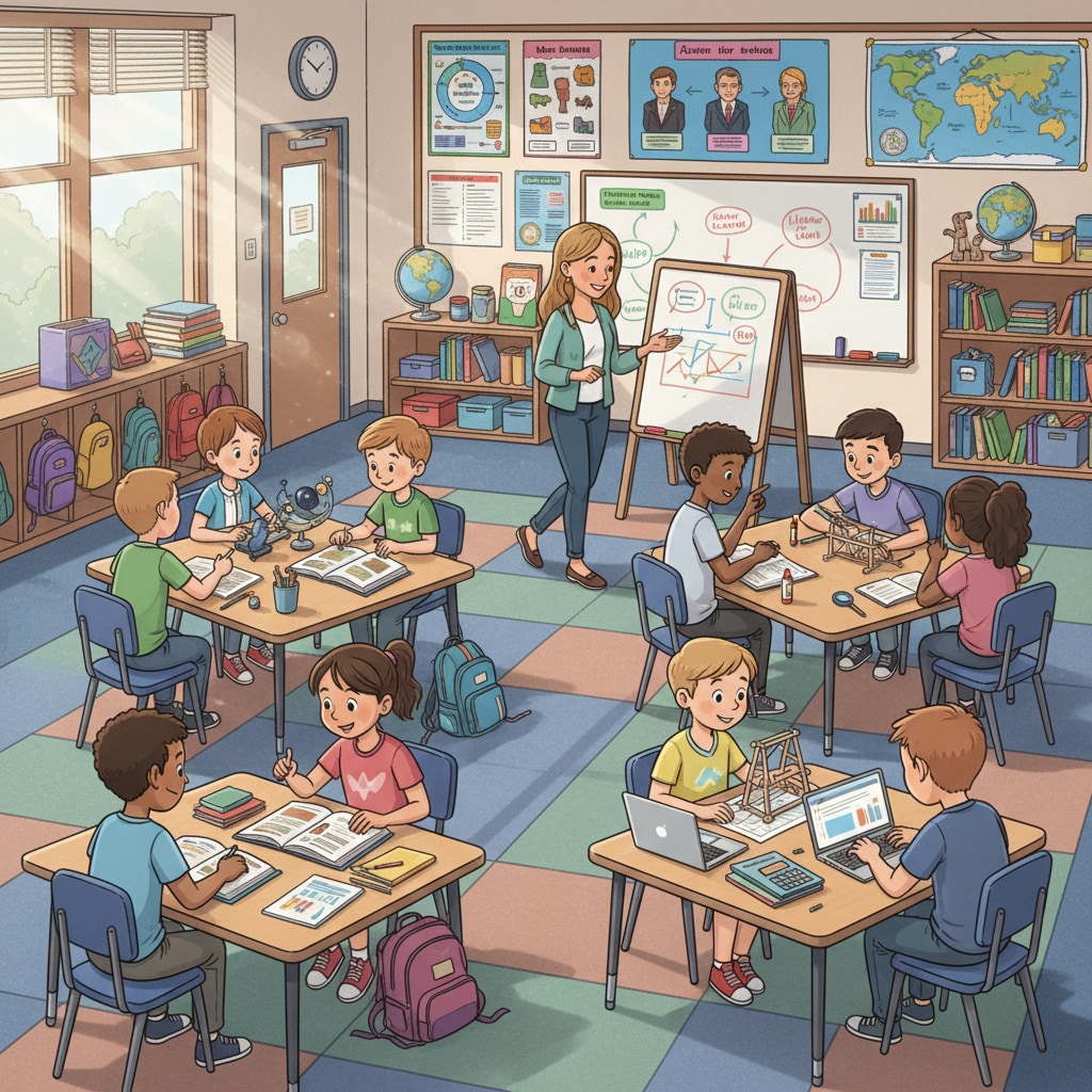 An American K12 classroom where students are sitting in groups, discussing and collaborating on a project. There are colorful posters on the walls and various teaching materials on the desks. An American K12 classroom scene highlighting active engagement and cultural differences in education