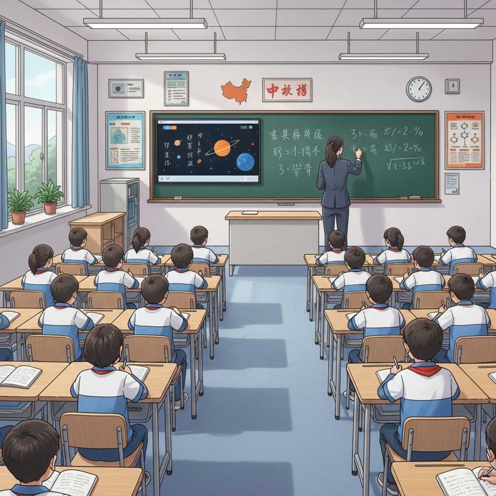A Chinese K12 classroom with students sitting neatly in rows, looking at the teacher at the front of the class. The teacher is writing on the blackboard, and students are taking notes. A Chinese K12 classroom scene demonstrating structured instruction and cultural influence on education