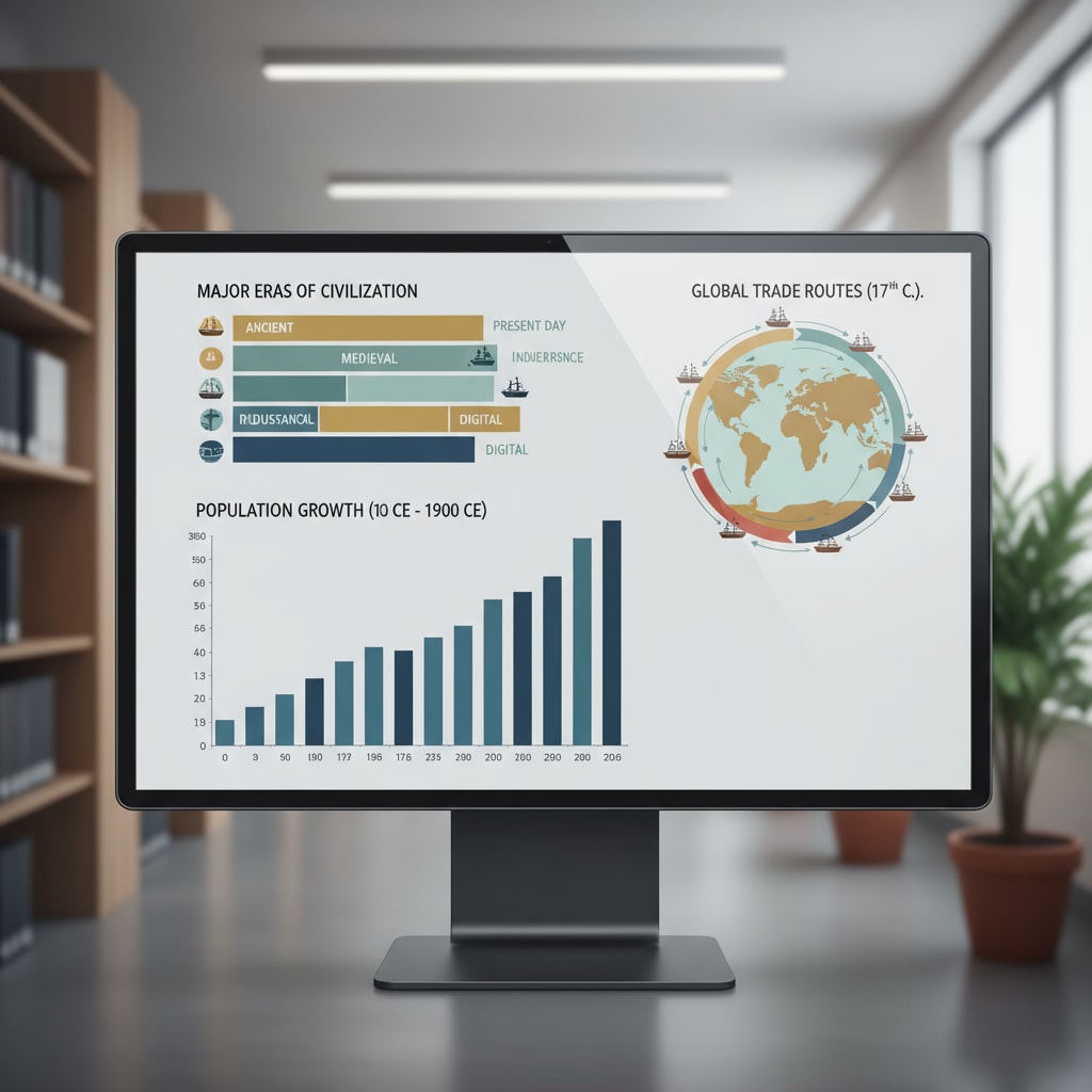 A digital screen showing a collection of various historical charts, including timelines and graphs. Historical charts displayed on a digital screen for K12 education search via Facebook ads