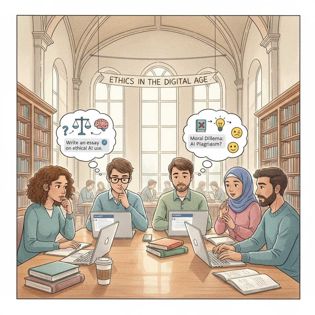 A group of students sitting in a library, some looking at laptops with ChatGPT interfaces, showing a moment of moral contemplation Students in library contemplating moral implications of ChatGPT use in academic integrity