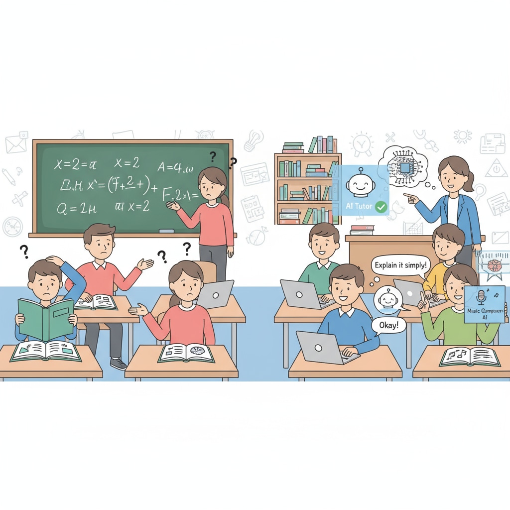Students in a classroom, some looking confused while others are using AI on their devices Students in classroom facing moral dilemmas with AI use in academic work