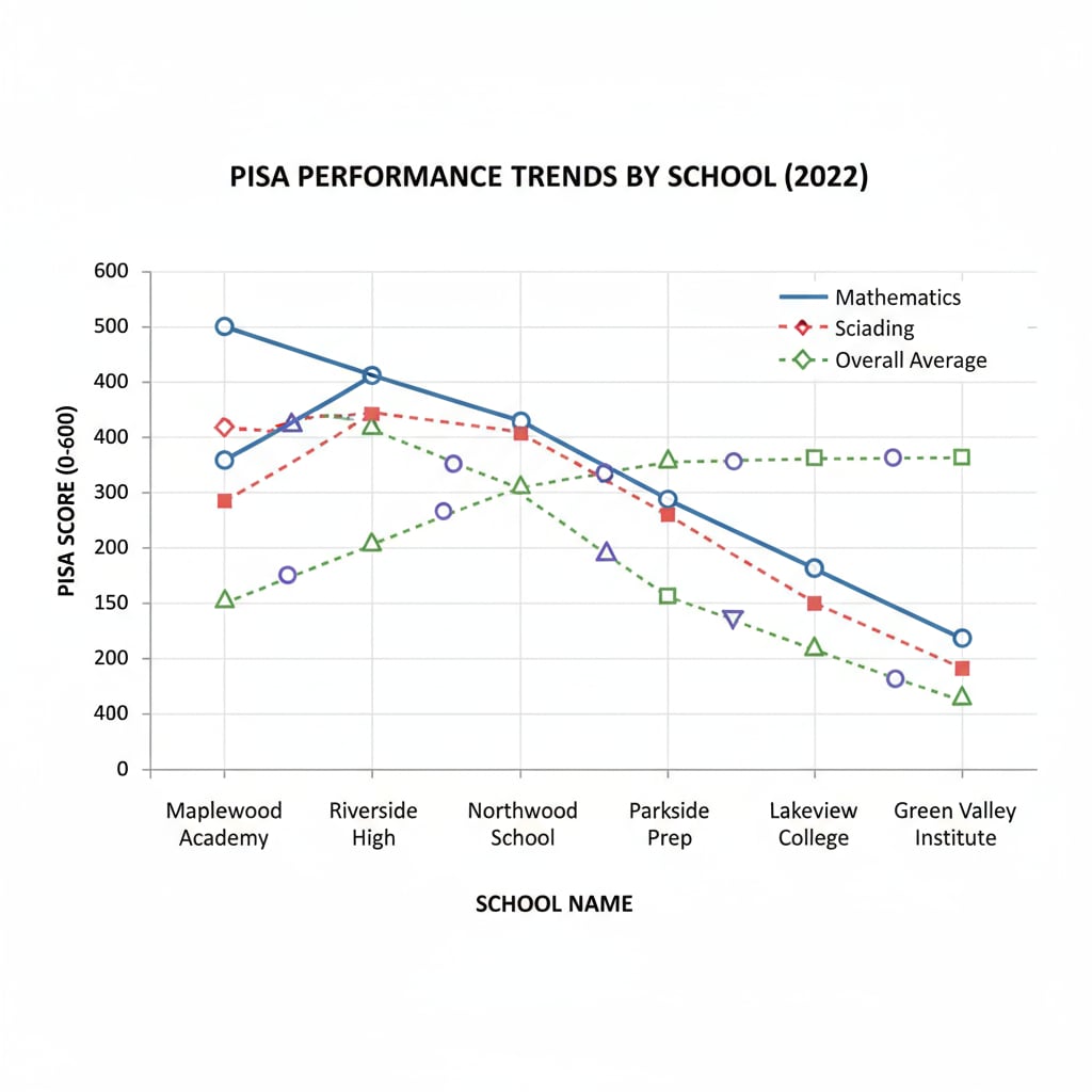 A graph showing the performance trends of different schools in PISA tests, with scores on the y - axis and school names on the x - axis. Graph of PISA test performance trends of different schools