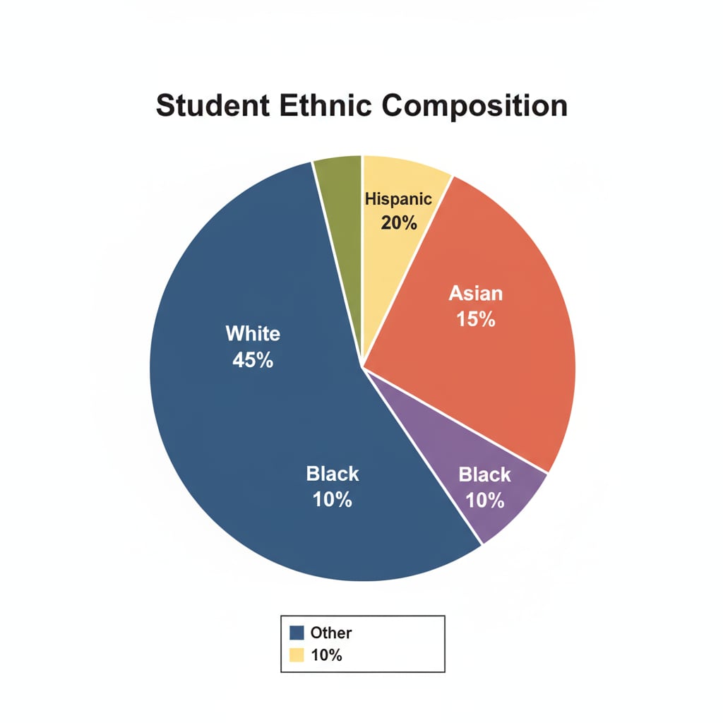A pie chart representing the ethnic composition of students in a school, with different slices showing various ethnic groups and their percentages. Pie chart of student ethnic composition in a school