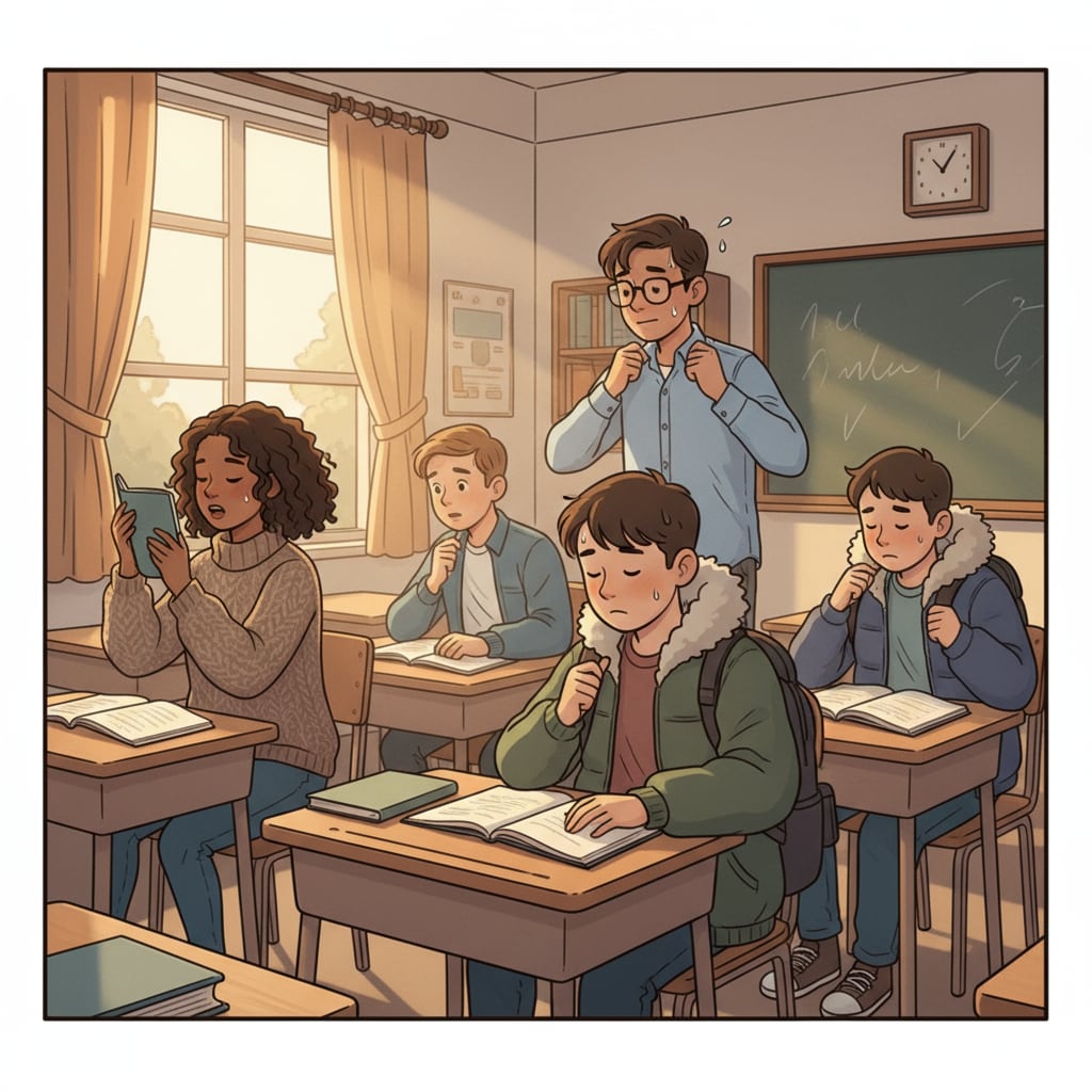 A group of students sitting in a warm classroom, looking a bit uncomfortable while wearing various types of clothing Students in a hot classroom with no air conditioning, showing different clothing choices