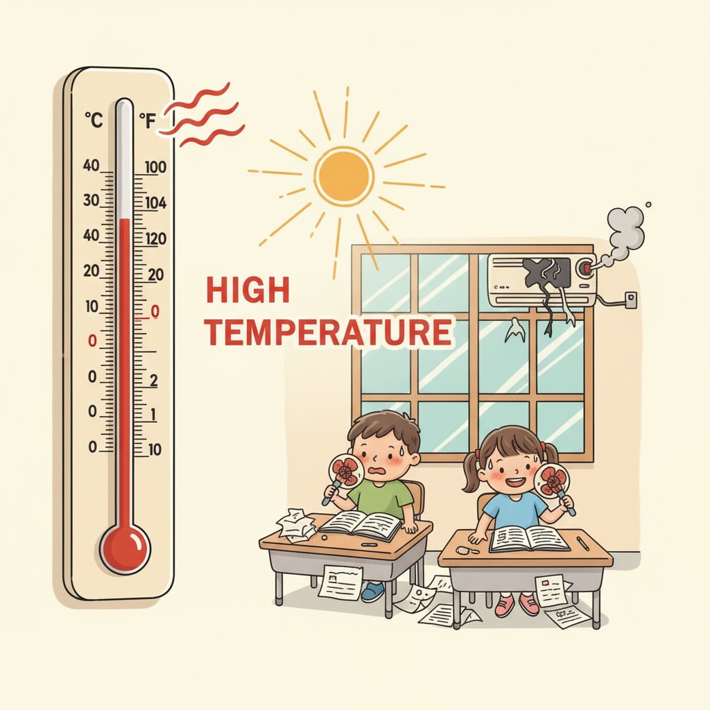 A thermometer showing a high temperature inside a classroom Thermometer indicating high temperature in a hot classroom without air conditioning