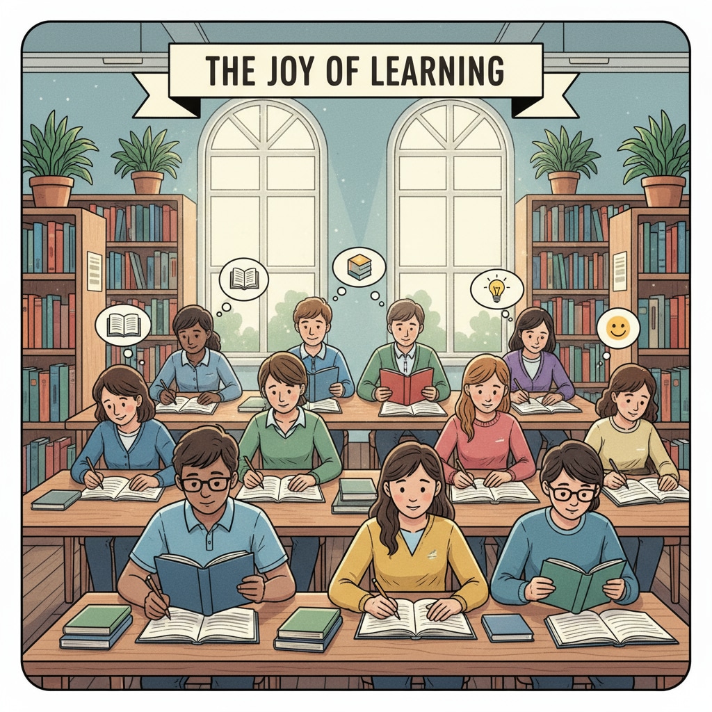 A group of students are sitting at tables in a library, reading books and taking notes, showing a positive learning environment. Students studying together using effective learning strategies for high scores in a library.