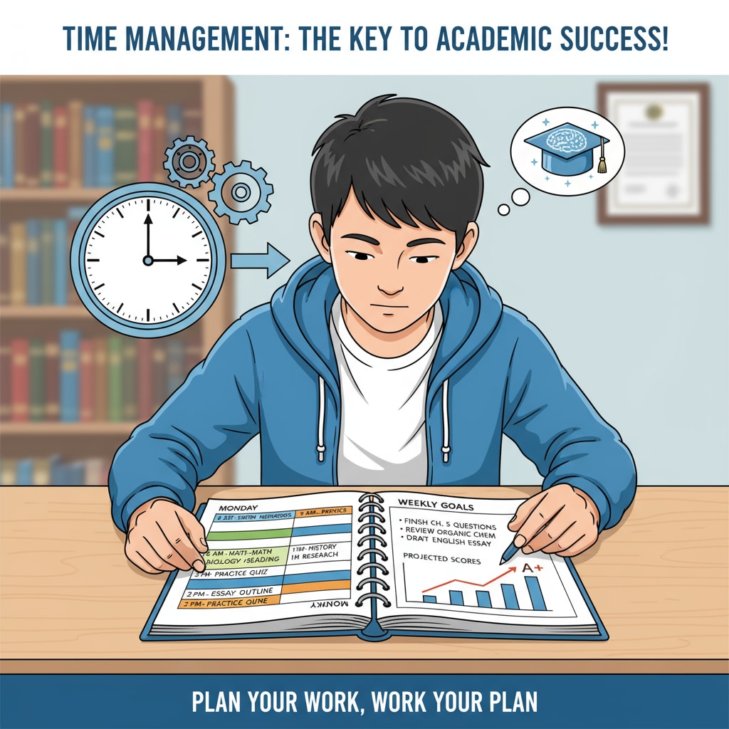 A student is looking at a planner with a detailed study schedule, highlighting the importance of time management in learning strategies for high scores. Student checking study schedule as part of learning strategies for achieving high scores.