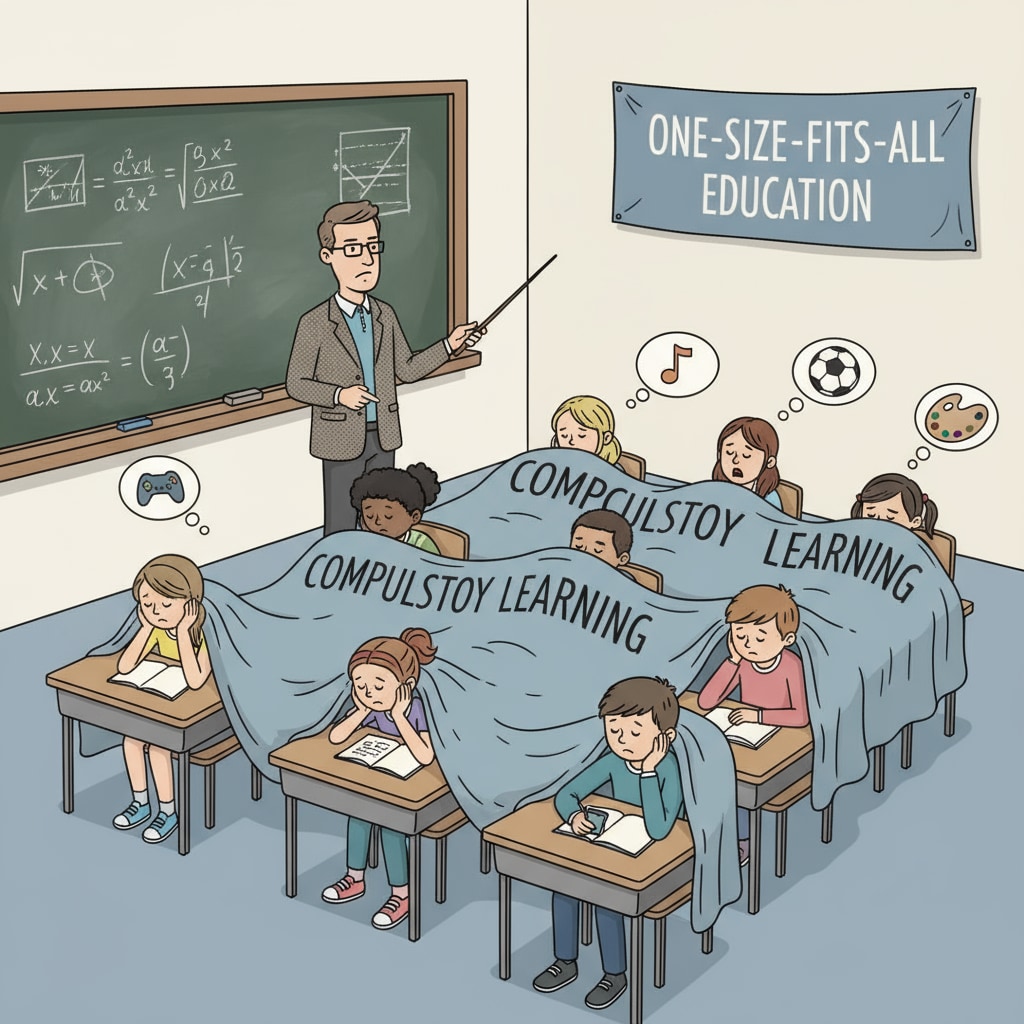 A classroom scene where students seem bored during a lecture, highlighting the ineffectiveness of a one-size-fits-all teaching approach related to compulsory learning. Bored students in a classroom due to compulsory learning approach