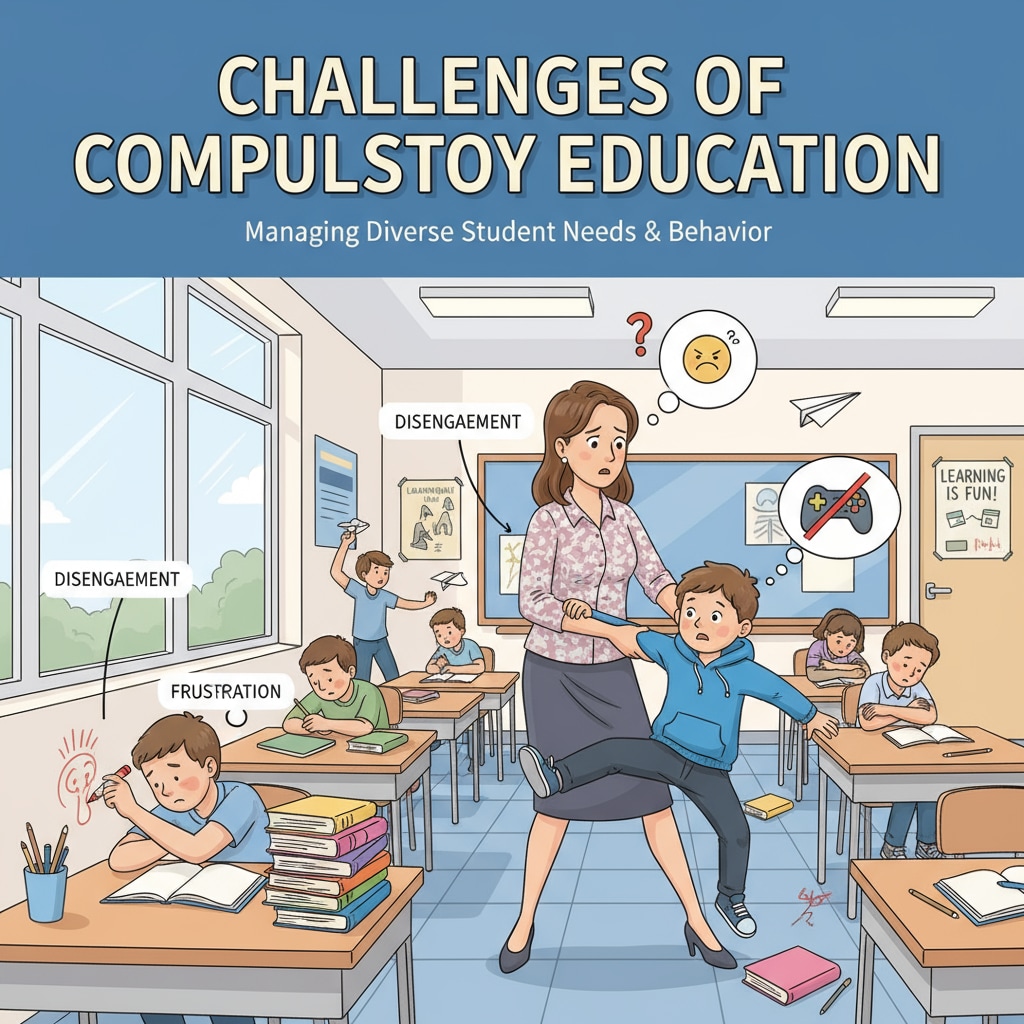 A teacher trying to deal with a misbehaving student in a classroom, showing the challenges in handling student behavior caused by the compulsory learning concept. Teacher dealing with misbehaving student due to compulsory learning