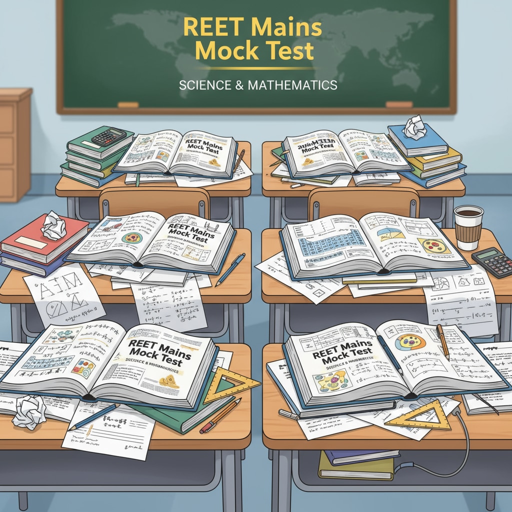 An illustration showing students sitting at desks, surrounded by books and papers with mock test questions for REET Mains science and mathematics. Students preparing for REET Mains science and mathematics using mock tests