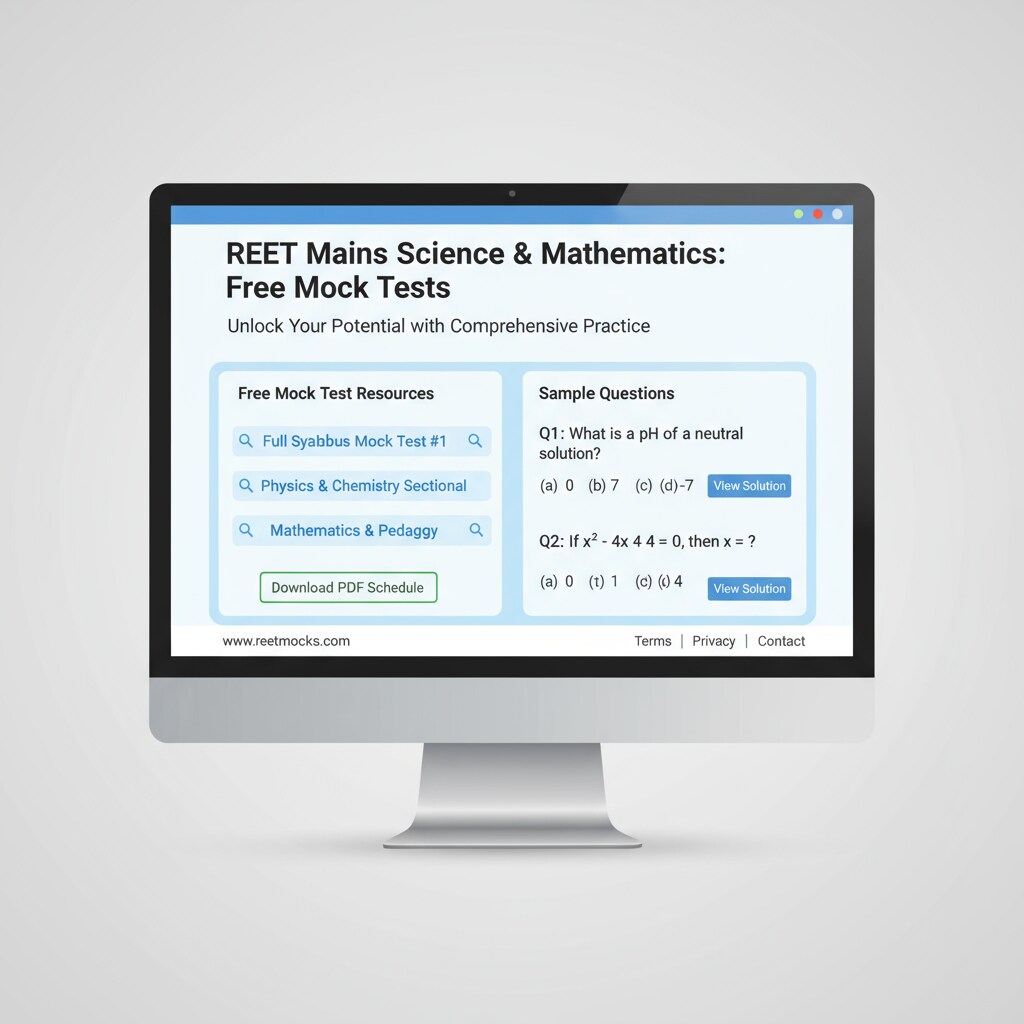 A screenshot of a webpage highlighting free mock test resources for REET Mains science and mathematics, with links and sample questions visible. Webpage with free REET Mains science and mathematics mock test resources