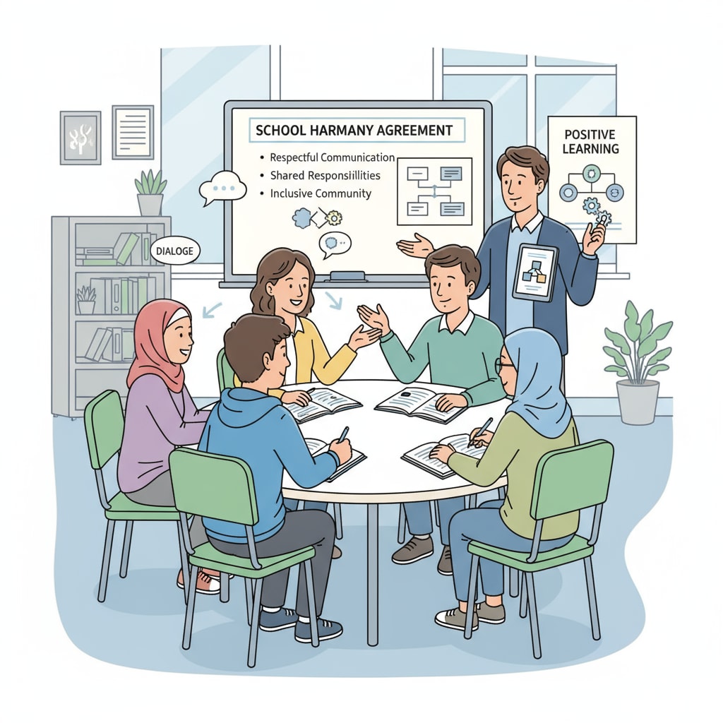 A group of students and teachers are having a positive and respectful discussion about school rules and how to maintain a harmonious learning environment. Students and teachers engaged in a discussion related to school discipline and restorative practices
