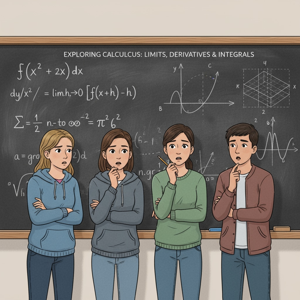 A group of high school students are looking at a blackboard filled with calculus-related equations and graphs. They seem curious but also a bit overwhelmed. High school students looking at calculus topics on a blackboard