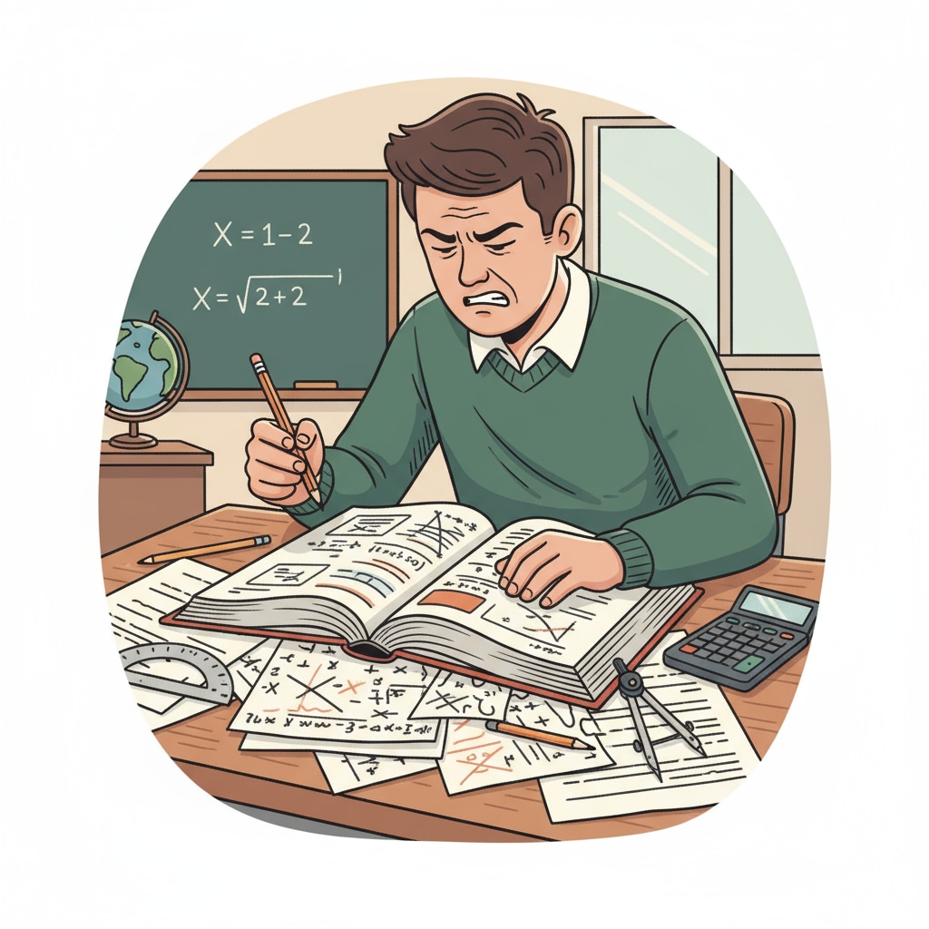 A high school student is sitting at a desk, hunched over a calculus textbook. There are papers scattered around, and the student has a frustrated expression on their face. Frustrated high school student with a calculus textbook