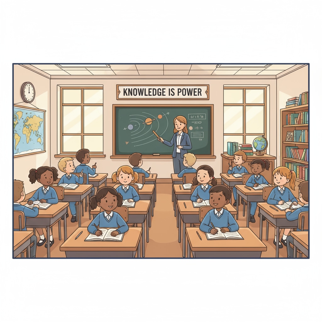 A classroom scene with students and teacher, highlighting the structured nature of formal education. A representation of K12 formal education in a classroom setting.