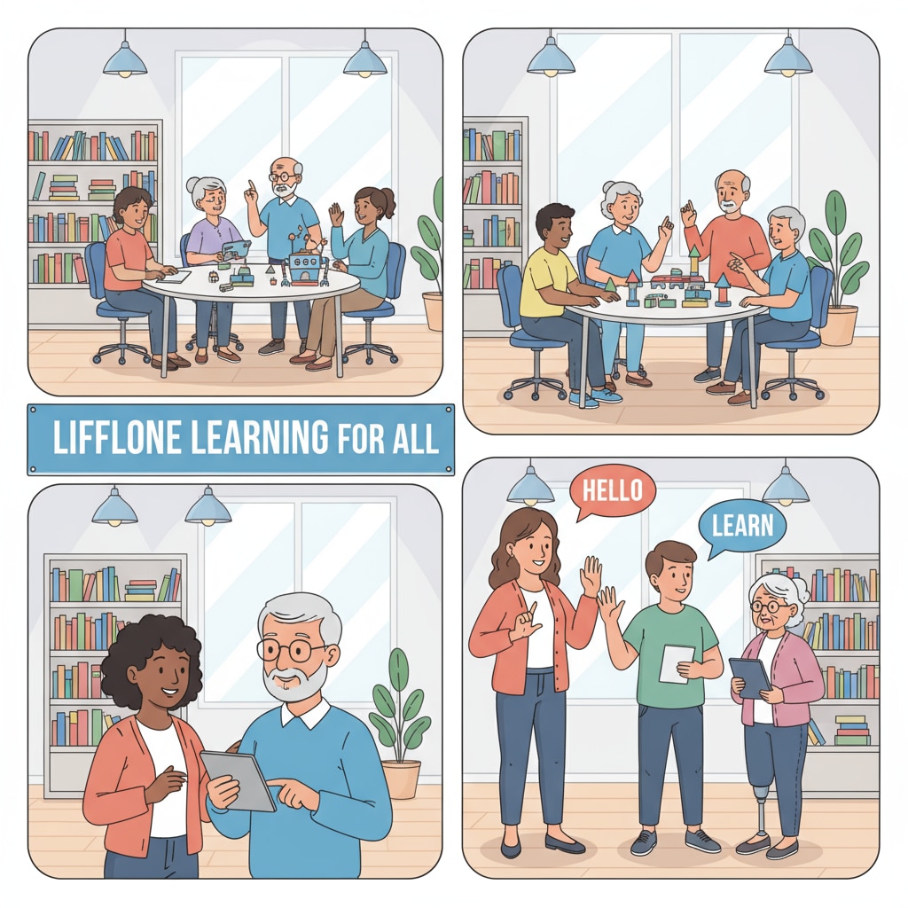 A diverse group of people of different ages engaged in learning activities, showing the inclusivity of lifelong learning. People of various ages participating in lifelong learning.