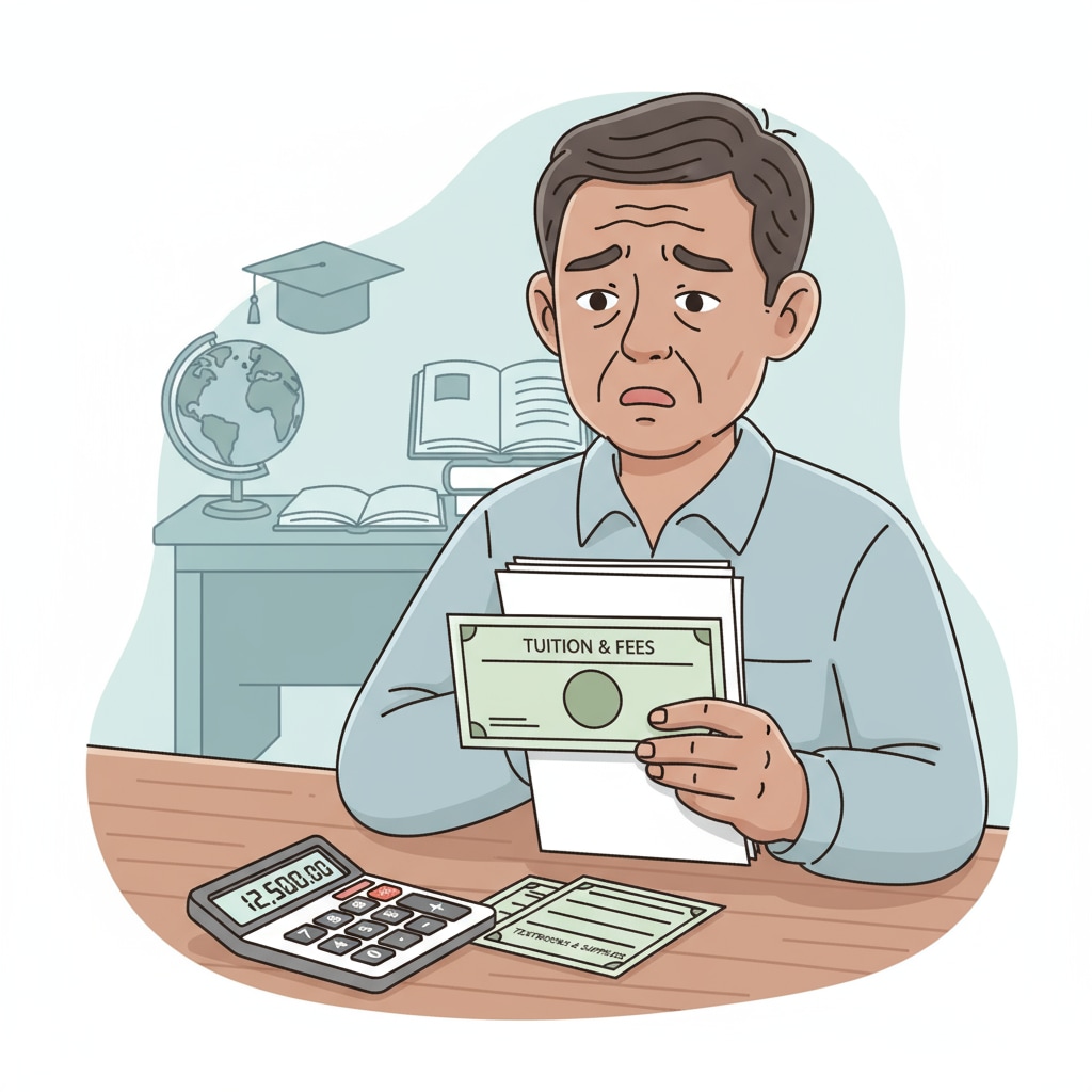 A non-white parent looking worried while holding a bill related to educational expenses, with a calculator beside them. Non-white parent facing financial challenges in education investment