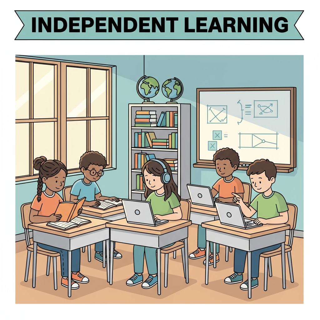 A group of K12 students are sitting at desks, some reading books and others typing on laptops, showing their independent study. K12 students engaged in self-study with various learning tools related to self-study plans, multidisciplinary knowledge, and learning advice
