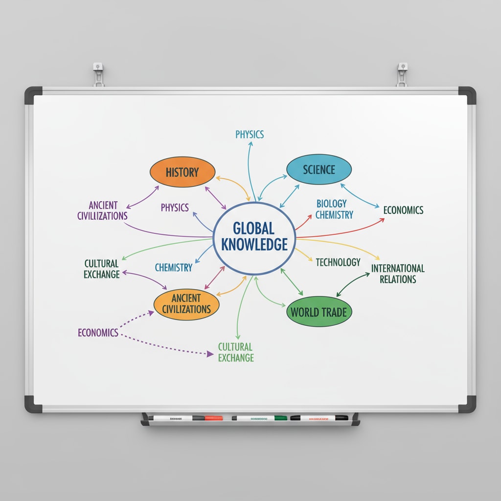 A colorful mind map on a whiteboard displays different disciplines like history, science, and world trade, with lines connecting them to show relationships. Mind map depicting the connections between various disciplines for K12 students' multidisciplinary knowledge acquisition as part of self-study plans and learning advice