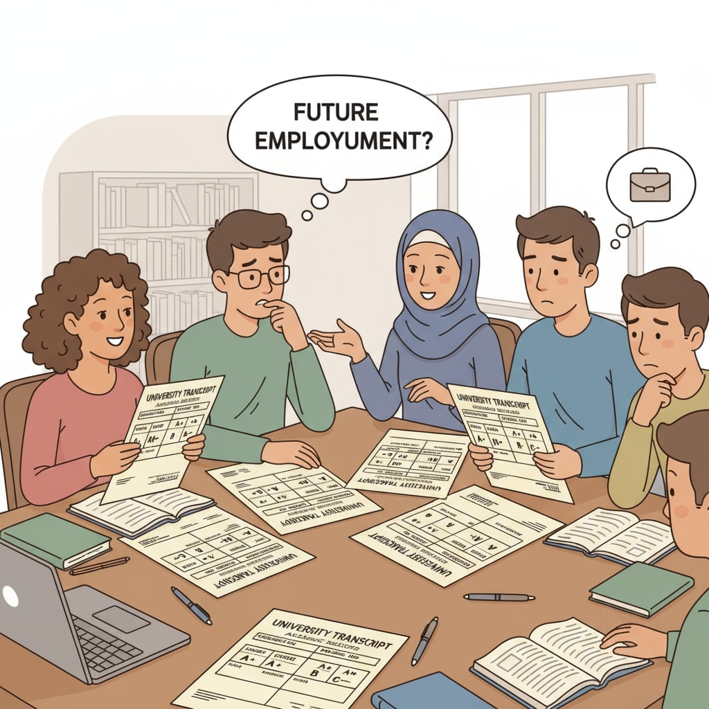 A group of students are gathered around a table, looking at their university transcripts. Some have expressions of hope, while others seem concerned about how their grades will impact their future employment prospects. University students examining transcripts in relation to employment and workplace value