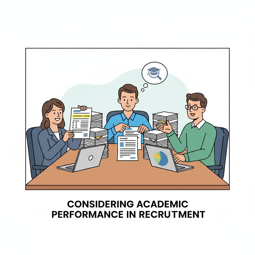In an office setting, employers are sitting at a table, reviewing stacks of resumes. Some of the resumes have university grades highlighted, showing their consideration of academic performance during the recruitment process. Employers reviewing resumes with an eye on university grades for employment and workplace value assessment