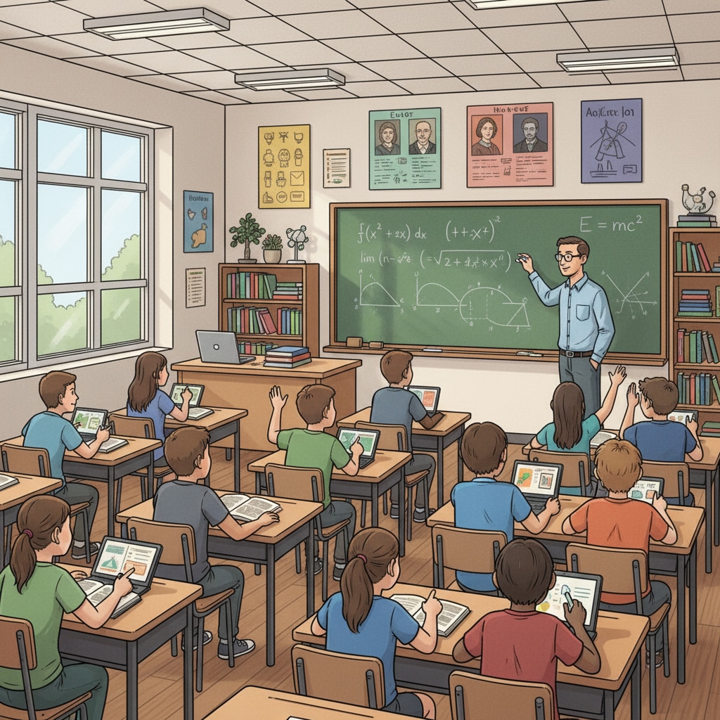 A classroom scene where students are engaged in learning advanced math concepts, with a teacher writing equations on the board. Students learning advanced math in a K12 classroom