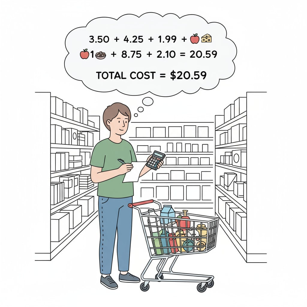 A person standing in a grocery store, calculating the total cost of items using basic math. A person using basic math in a grocery store, highlighting the practicality aspect of math education