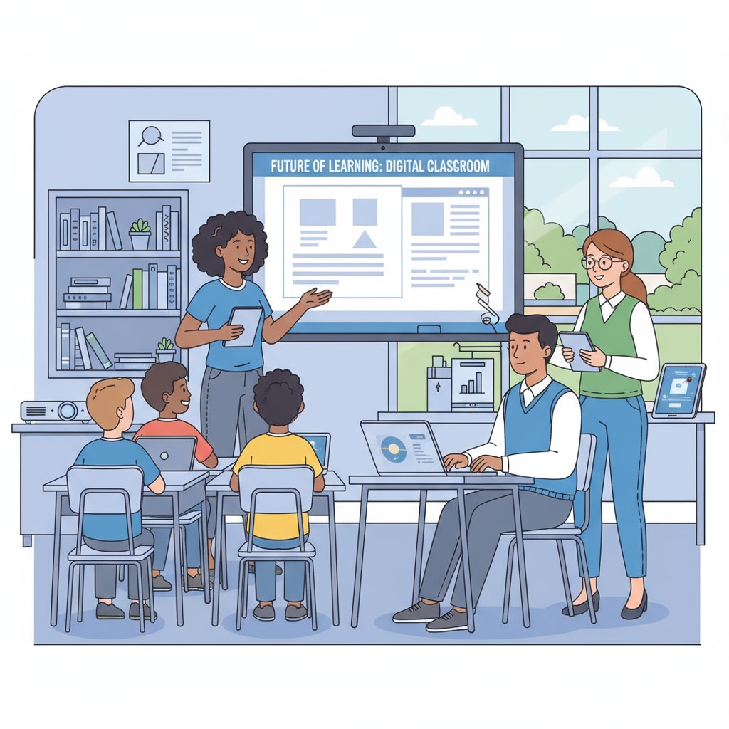A group of teachers are using digital tablets and laptops in the classroom, engaged in various teaching activities. Teachers using educational technology tools in the classroom